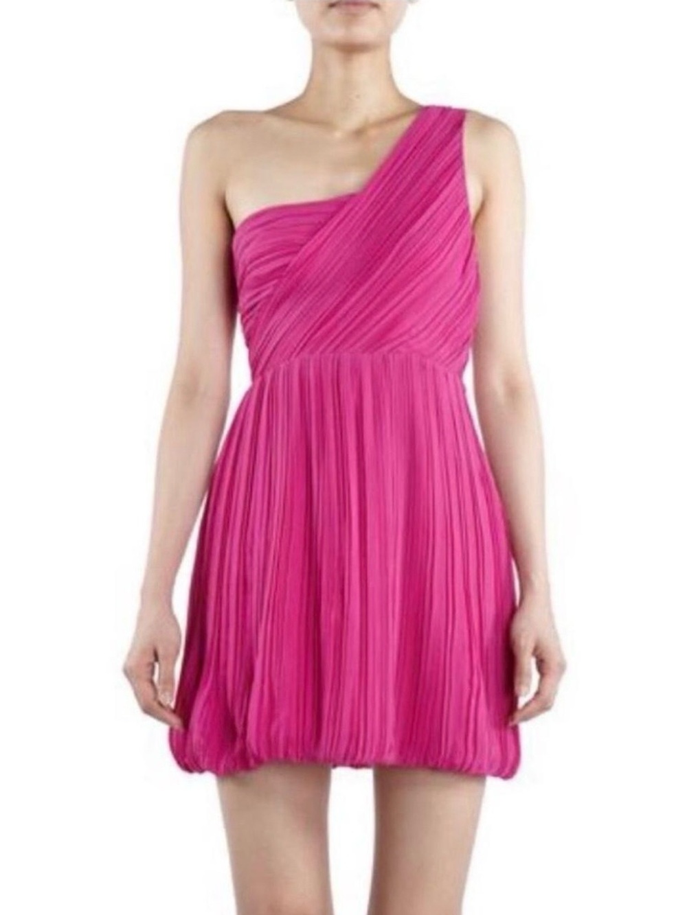 Theory NWT Taliana One Shoulder Silk Pleated Bubble BalloonHem Mini Dress Pink